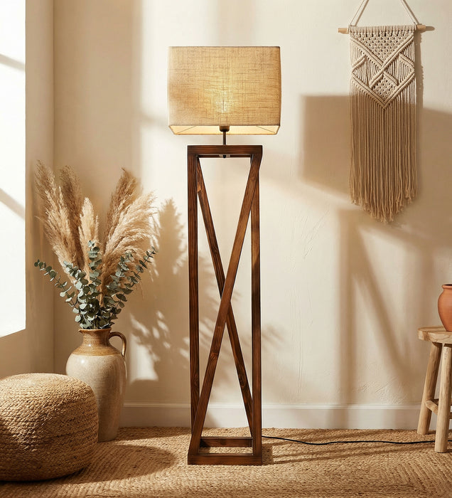 Remy Wooden Floor Lamp with Brown Base and Beige Fabric Lampshade