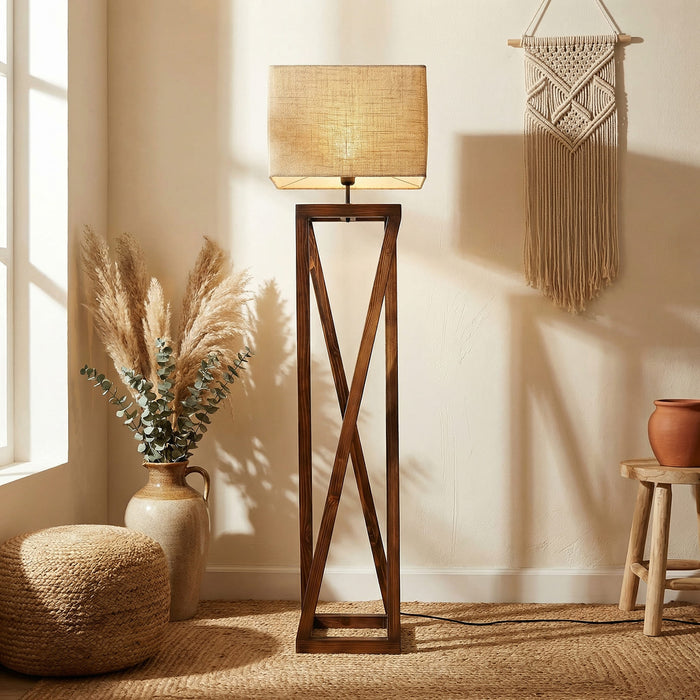 Remy Wooden Floor Lamp with Brown Base and Beige Fabric Lampshade
