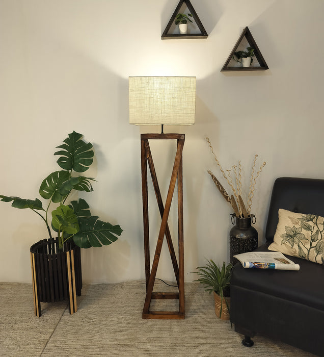 Remy Wooden Floor Lamp with Brown Base and Beige Fabric Lampshade