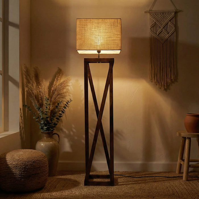 Remy Wooden Floor Lamp with Brown Base and Beige Fabric Lampshade