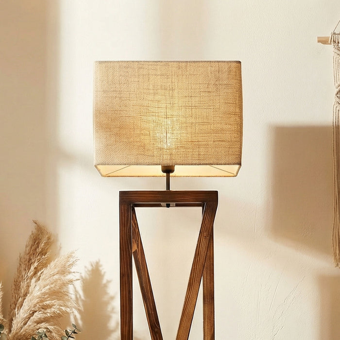 Remy Wooden Floor Lamp with Brown Base and Beige Fabric Lampshade
