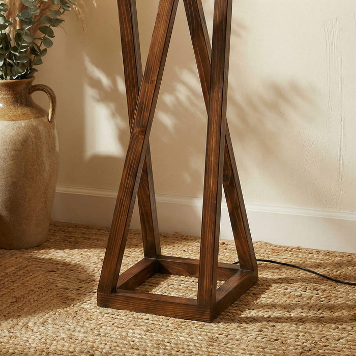 Remy Wooden Floor Lamp with Brown Base and Beige Fabric Lampshade