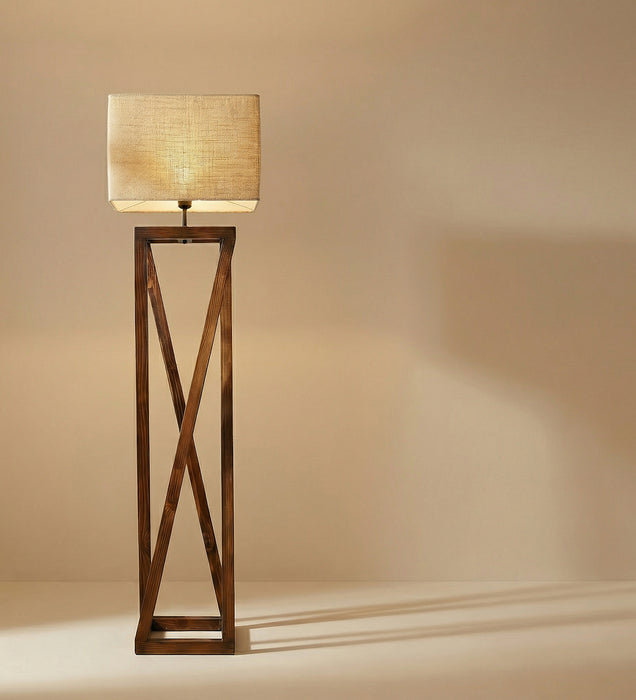Remy Wooden Floor Lamp with Brown Base and Beige Fabric Lampshade