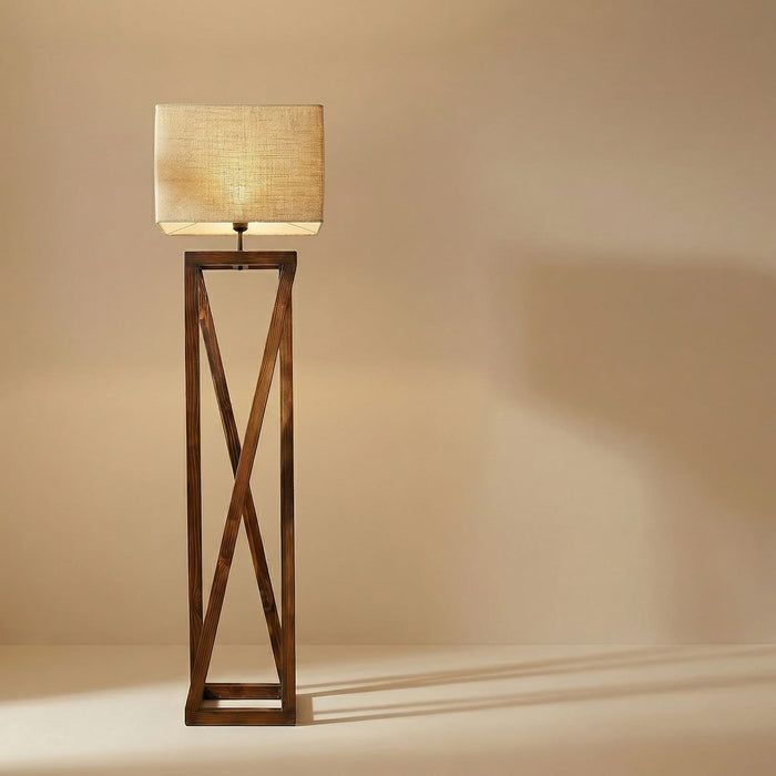 Remy Wooden Floor Lamp with Brown Base and Beige Fabric Lampshade