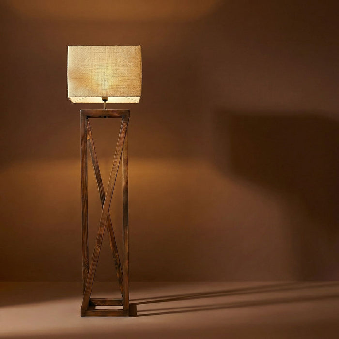 Remy Wooden Floor Lamp with Brown Base and Beige Fabric Lampshade