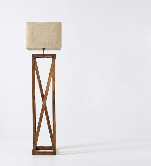 Remy Wooden Floor Lamp with Brown Base and Beige Fabric Lampshade
