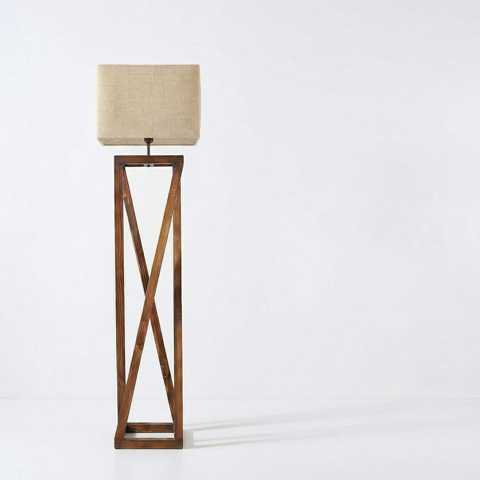 Remy Wooden Floor Lamp with Brown Base and Beige Fabric Lampshade