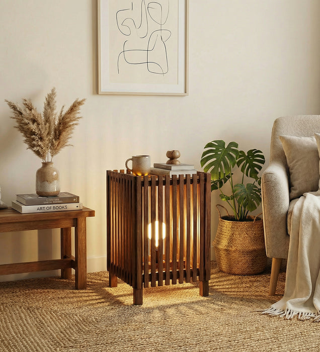 Renard Wooden Floor Lamp with Brown Base and Jute Fabric Lampshade