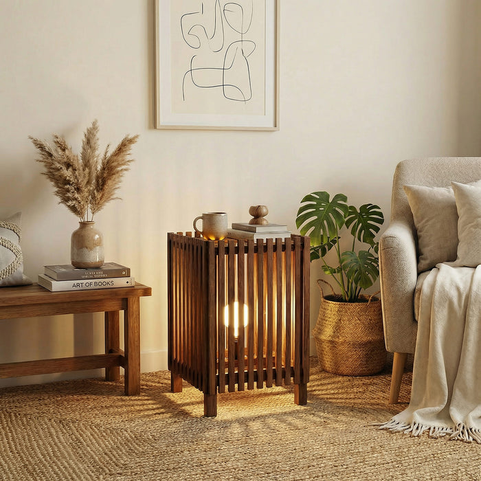 Renard Wooden Floor Lamp with Brown Base and Jute Fabric Lampshade