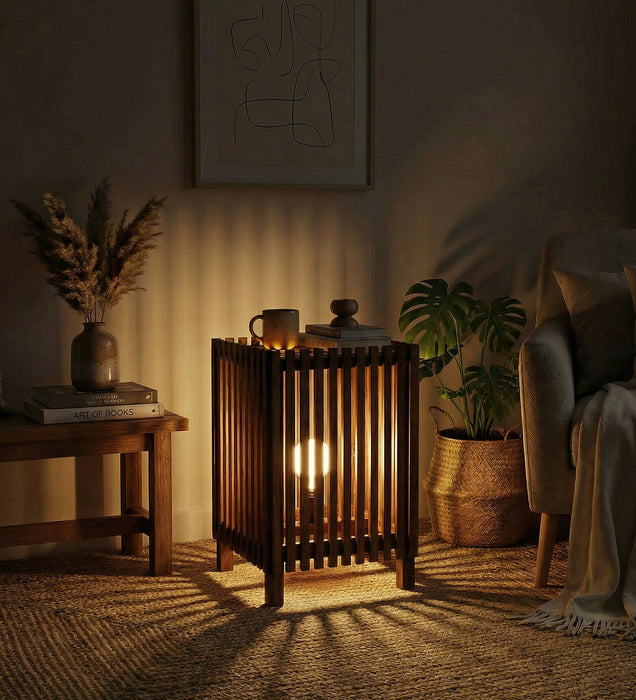 Renard Wooden Floor Lamp with Brown Base and Jute Fabric Lampshade