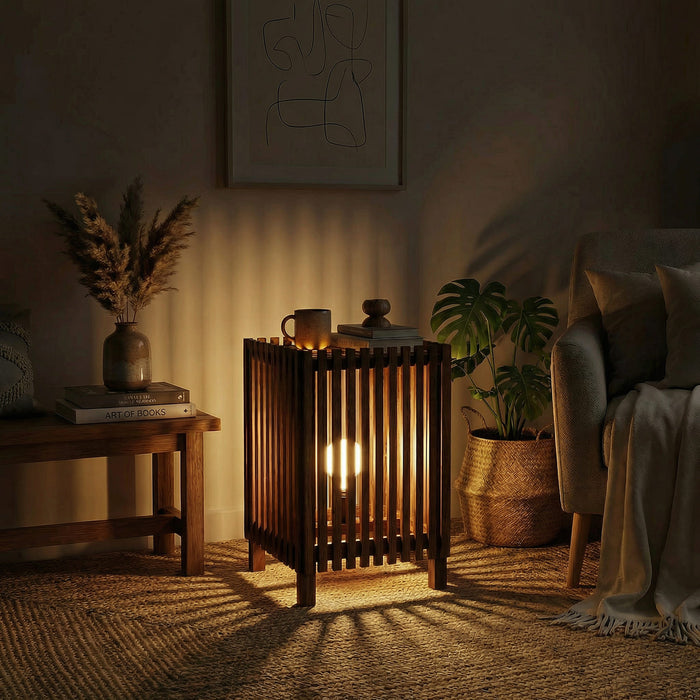 Renard Wooden Floor Lamp with Brown Base and Jute Fabric Lampshade