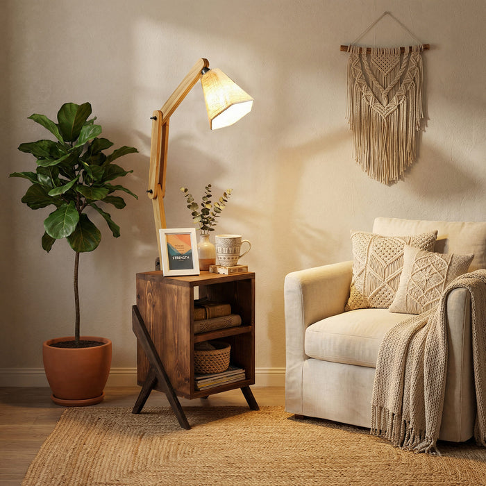 Ronan Wooden Floor Lamp with Brown Base and Jute Fabric Lampshade
