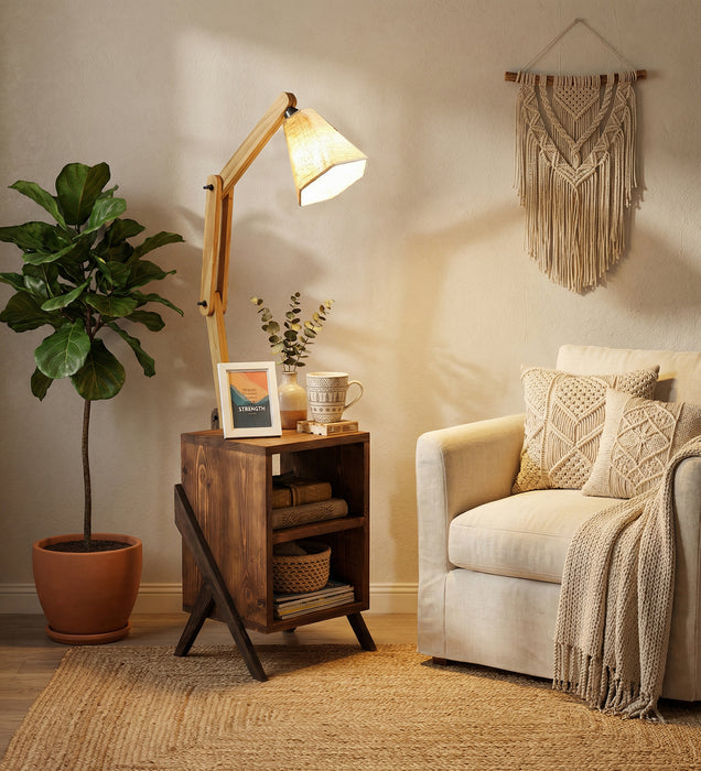 Ronan Wooden Floor Lamp with Brown Base and Jute Fabric Lampshade