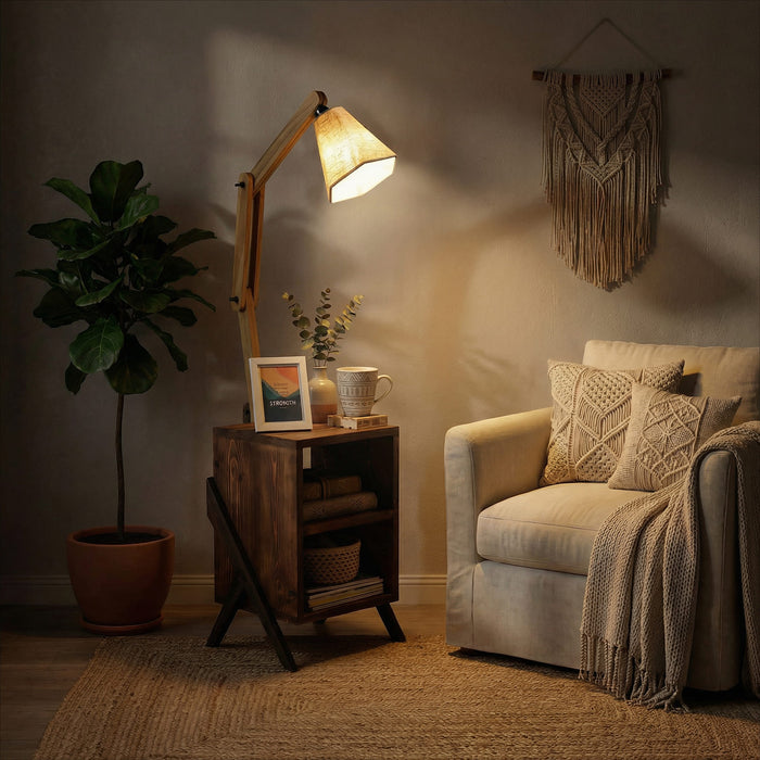 Ronan Wooden Floor Lamp with Brown Base and Jute Fabric Lampshade