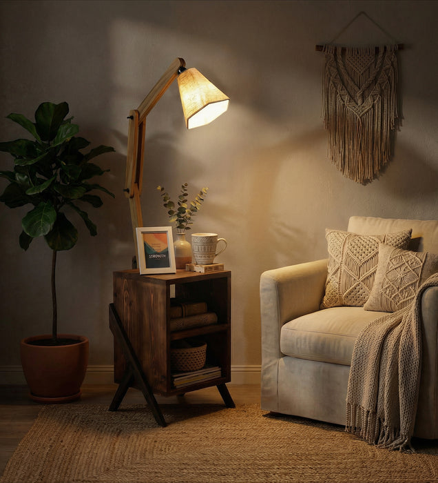 Ronan Wooden Floor Lamp with Brown Base and Jute Fabric Lampshade