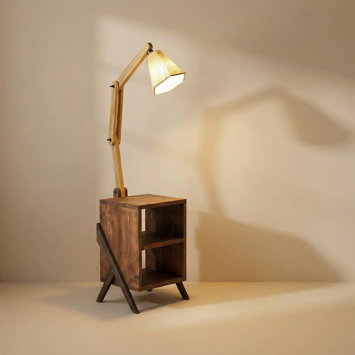Ronan Wooden Floor Lamp with Brown Base and Jute Fabric Lampshade