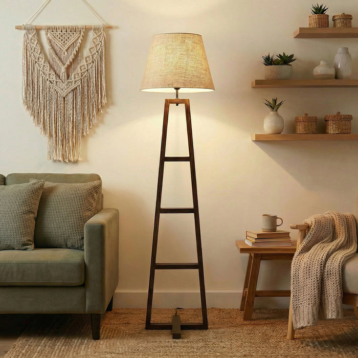 Salita Wooden Floor Lamp with Brown Base and Beige Fabric Lampshade