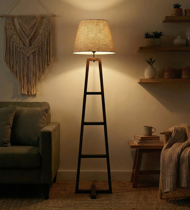 Salita Wooden Floor Lamp with Brown Base and Beige Fabric Lampshade