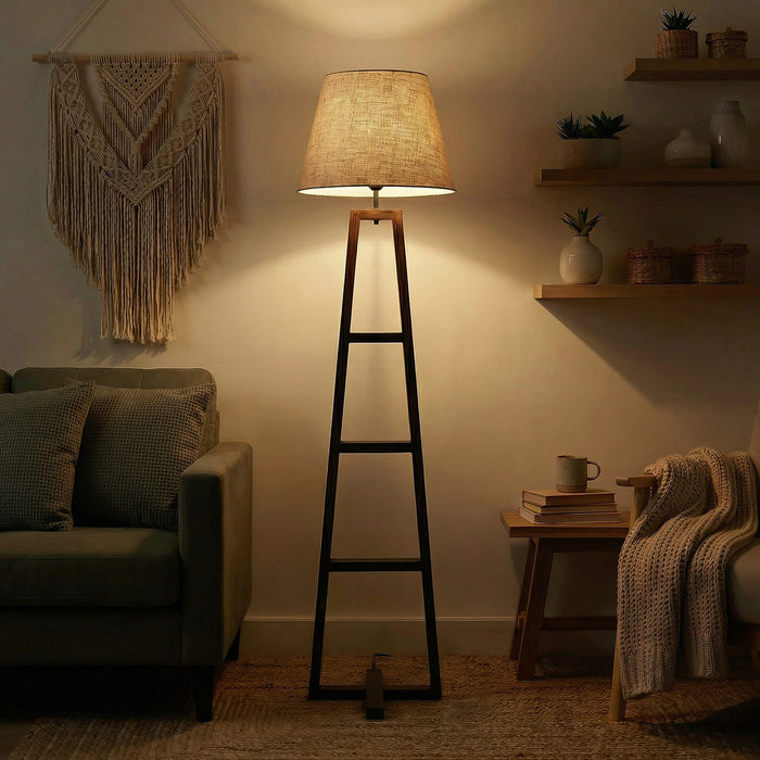 Salita Wooden Floor Lamp with Brown Base and Beige Fabric Lampshade
