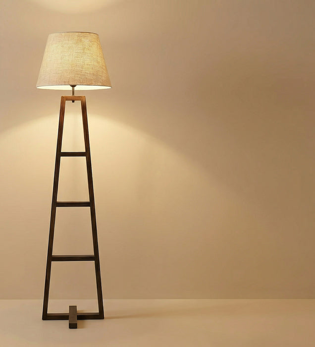 Salita Wooden Floor Lamp with Brown Base and Beige Fabric Lampshade