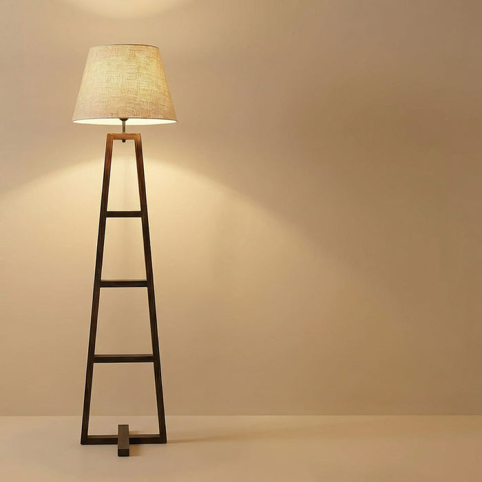 Salita Wooden Floor Lamp with Brown Base and Beige Fabric Lampshade