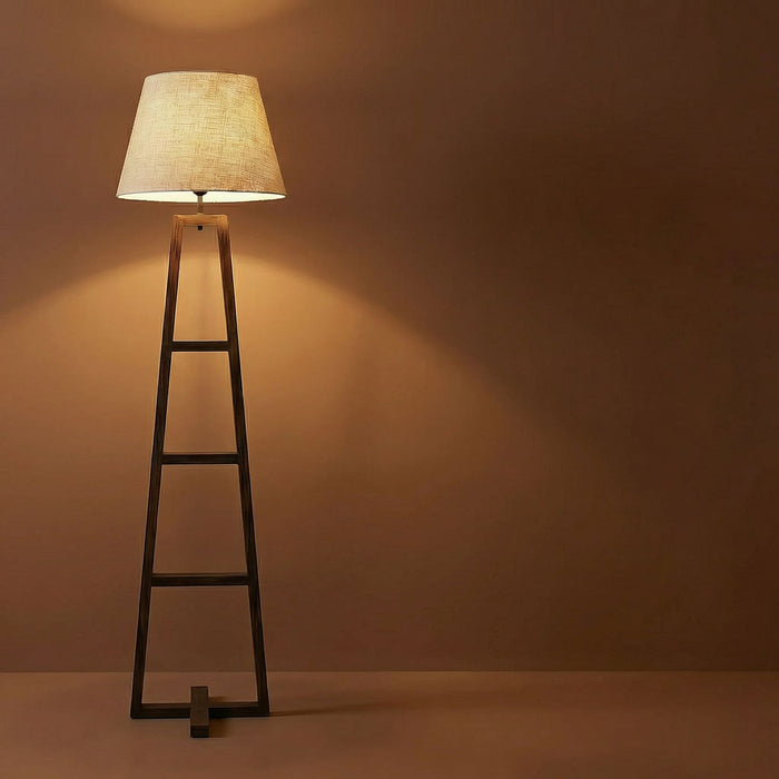 Salita Wooden Floor Lamp with Brown Base and Beige Fabric Lampshade