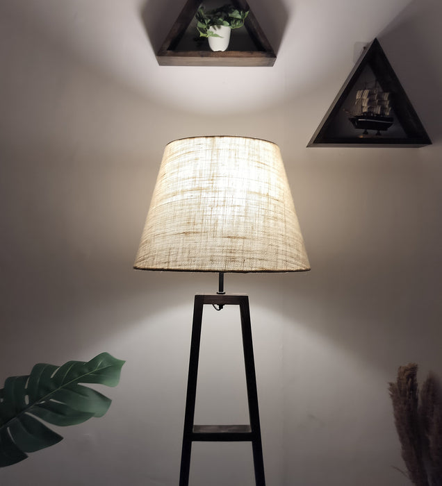 Salita Wooden Floor Lamp with Brown Base and Beige Fabric Lampshade