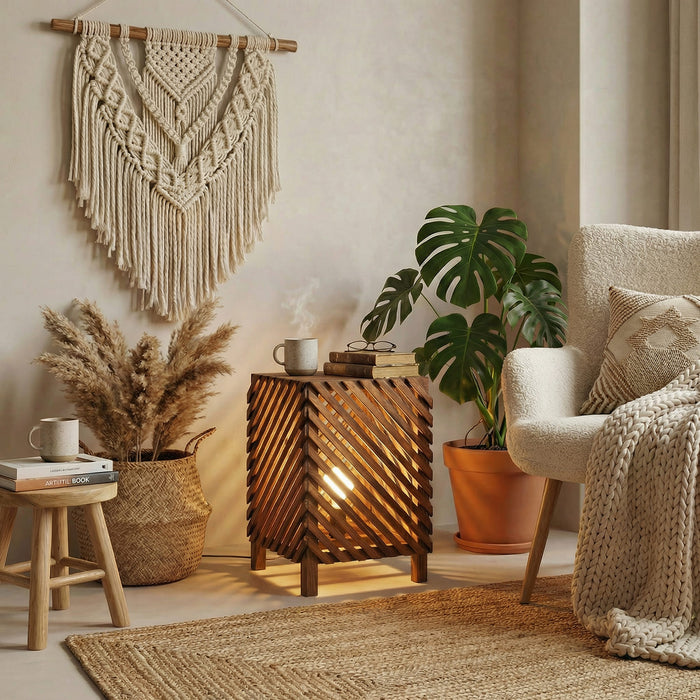 Serge Wooden Floor Lamp with Brown Base and Jute Fabric Lampshade