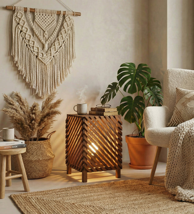 Serge Wooden Floor Lamp with Brown Base and Jute Fabric Lampshade