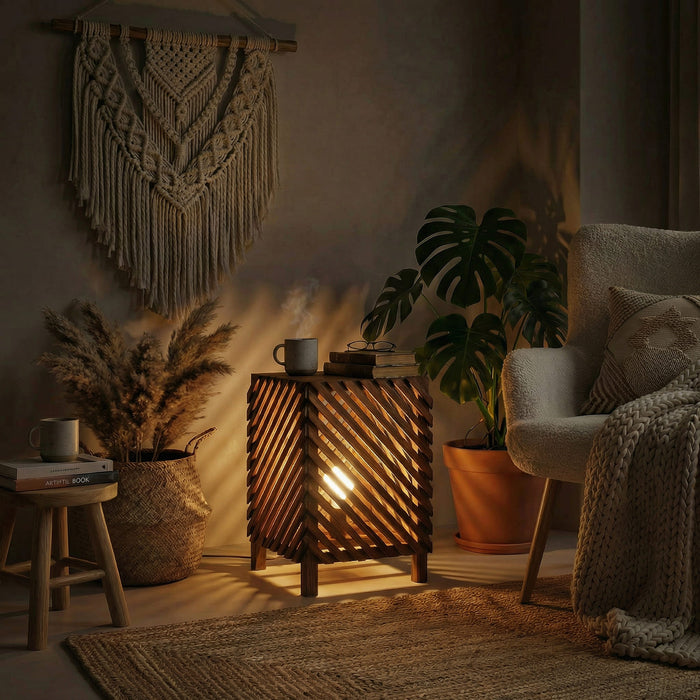 Serge Wooden Floor Lamp with Brown Base and Jute Fabric Lampshade