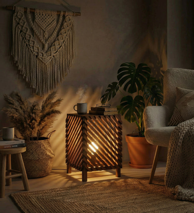 Serge Wooden Floor Lamp with Brown Base and Jute Fabric Lampshade