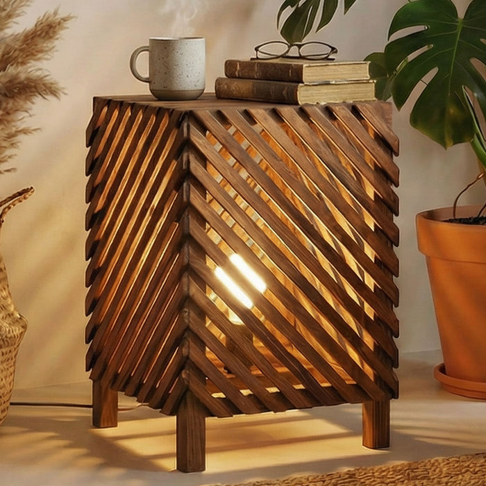 Serge Wooden Floor Lamp with Brown Base and Jute Fabric Lampshade