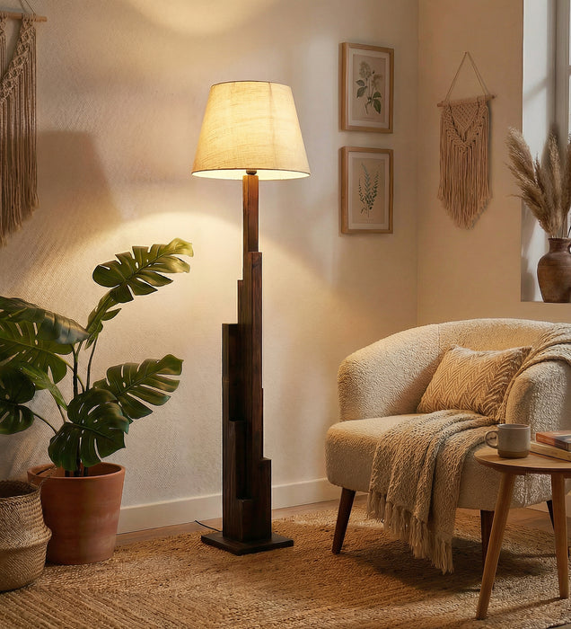 Skyline Wooden Floor Lamp with Brown Base and Beige Fabric Lampshade