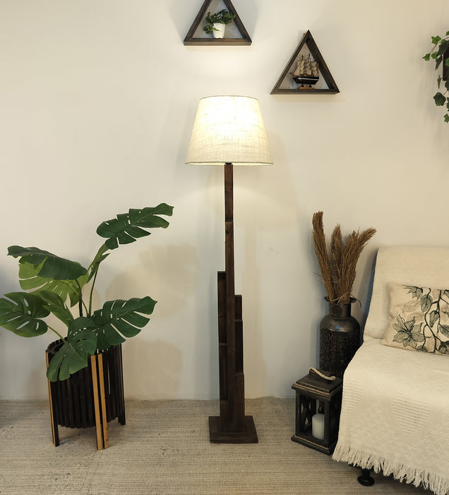 Skyline Wooden Floor Lamp with Brown Base and Beige Fabric Lampshade