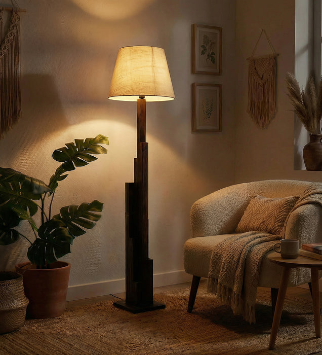Skyline Wooden Floor Lamp with Brown Base and Beige Fabric Lampshade