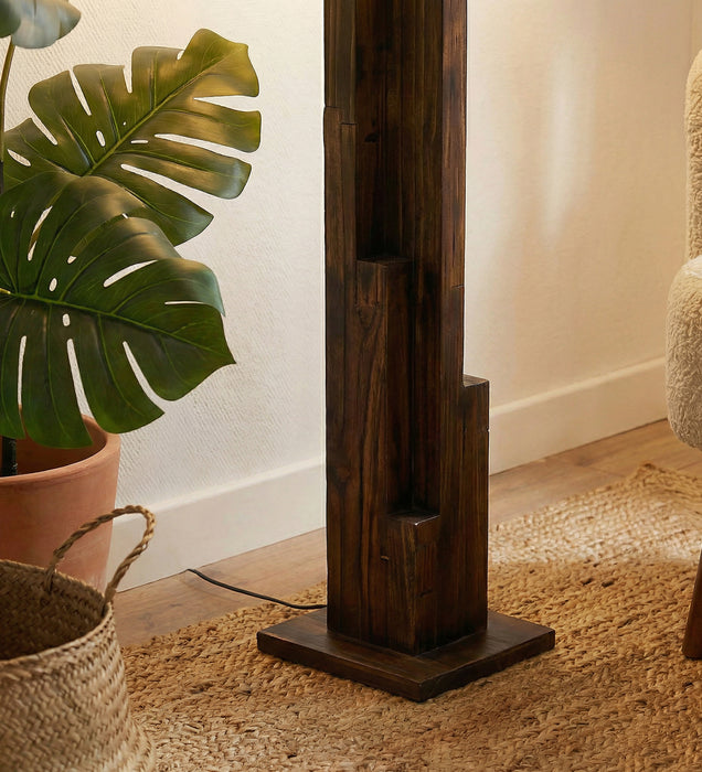 Skyline Wooden Floor Lamp with Brown Base and Beige Fabric Lampshade