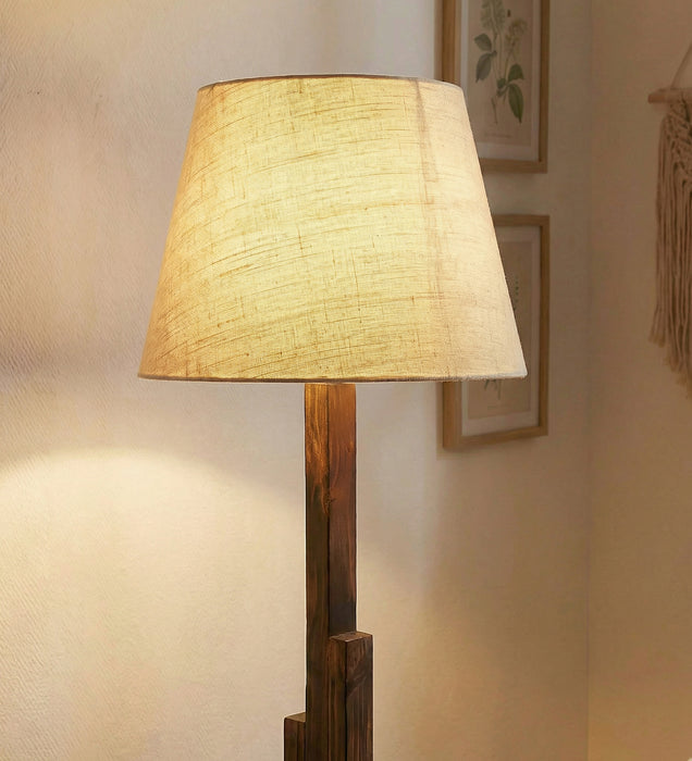 Skyline Wooden Floor Lamp with Brown Base and Beige Fabric Lampshade