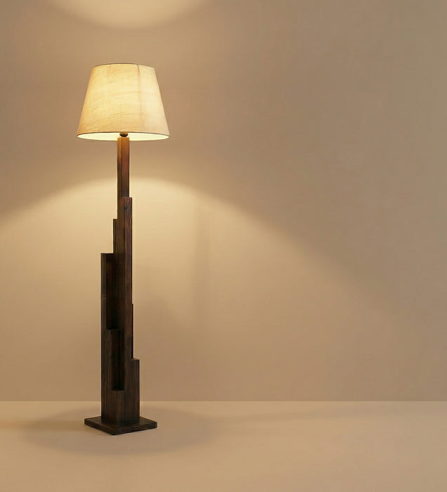 Skyline Wooden Floor Lamp with Brown Base and Beige Fabric Lampshade