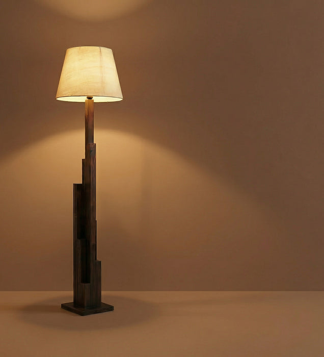 Skyline Wooden Floor Lamp with Brown Base and Beige Fabric Lampshade