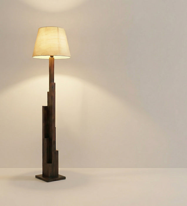 Skyline Wooden Floor Lamp with Brown Base and Beige Fabric Lampshade