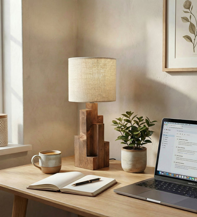 Skyline Brown Wooden Table Lamp with Yellow Printed Fabric Lampshade