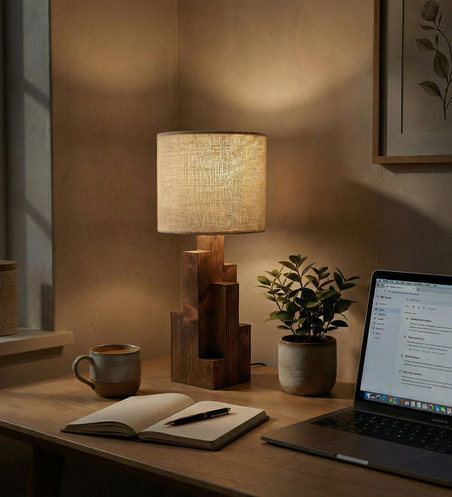 Skyline Brown Wooden Table Lamp with Yellow Printed Fabric Lampshade