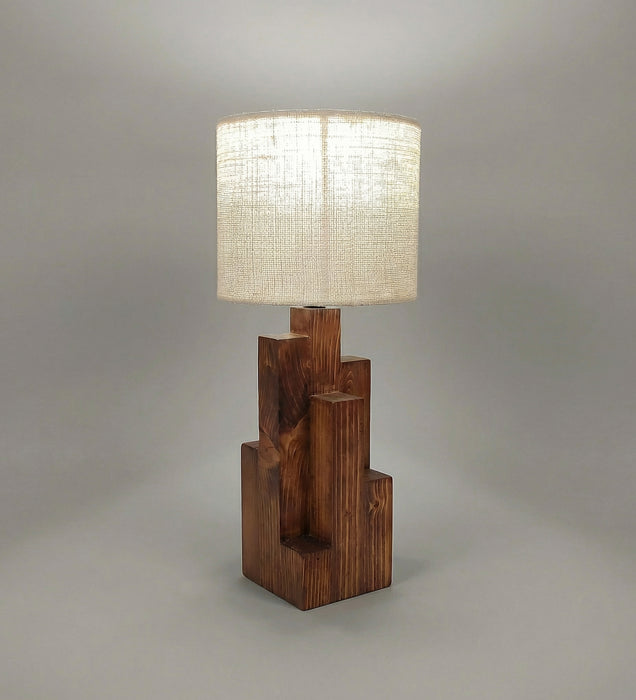 Skyline Brown Wooden Table Lamp with Yellow Printed Fabric Lampshade