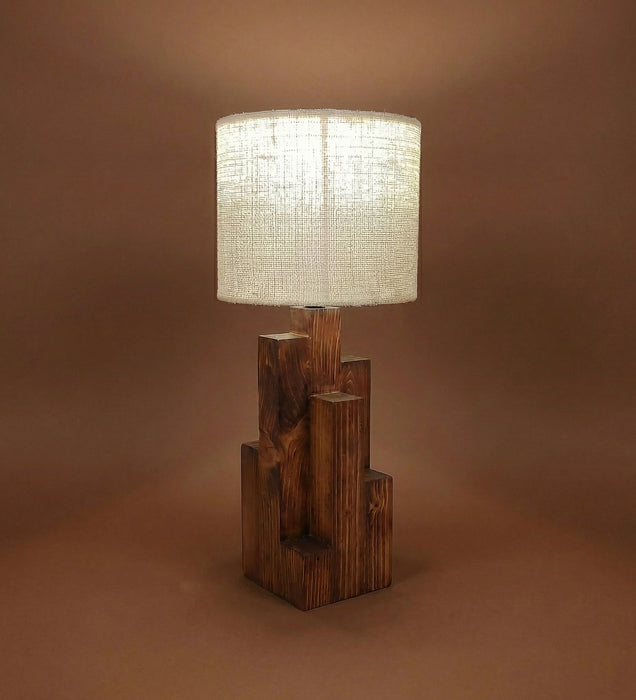 Skyline Brown Wooden Table Lamp with Yellow Printed Fabric Lampshade