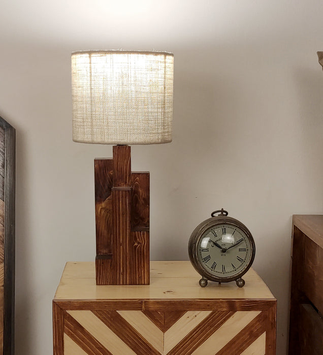 Skyline Brown Wooden Table Lamp with Yellow Printed Fabric Lampshade