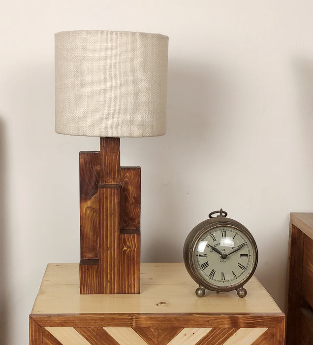 Skyline Brown Wooden Table Lamp with Yellow Printed Fabric Lampshade