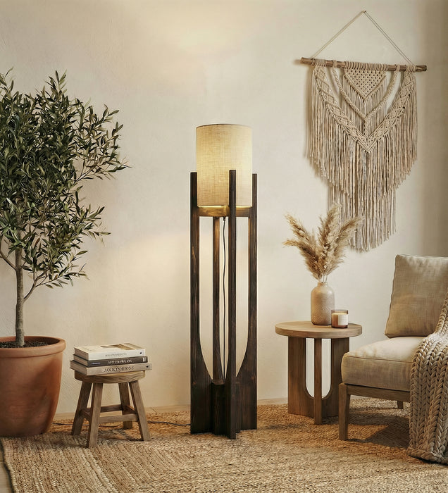 Solitaire Wooden Floor Lamp with Brown Base and Beige Fabric Lampshade