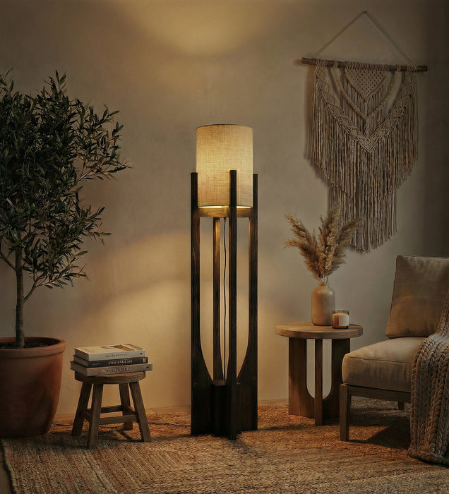 Solitaire Wooden Floor Lamp with Brown Base and Beige Fabric Lampshade