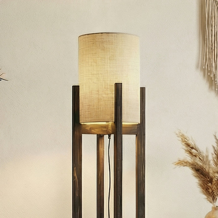 Solitaire Wooden Floor Lamp with Brown Base and Beige Fabric Lampshade