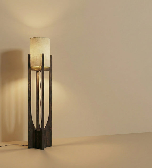Solitaire Wooden Floor Lamp with Brown Base and Beige Fabric Lampshade